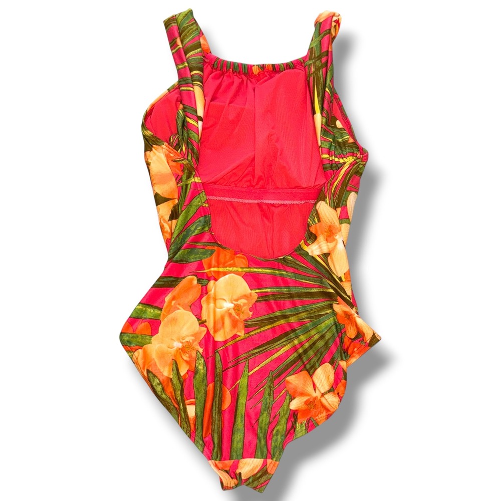 Carmen Marc Valvo Swimsuit Women 10 Pink Tropical Floral High Neck One Piece - Picture 2 of 6